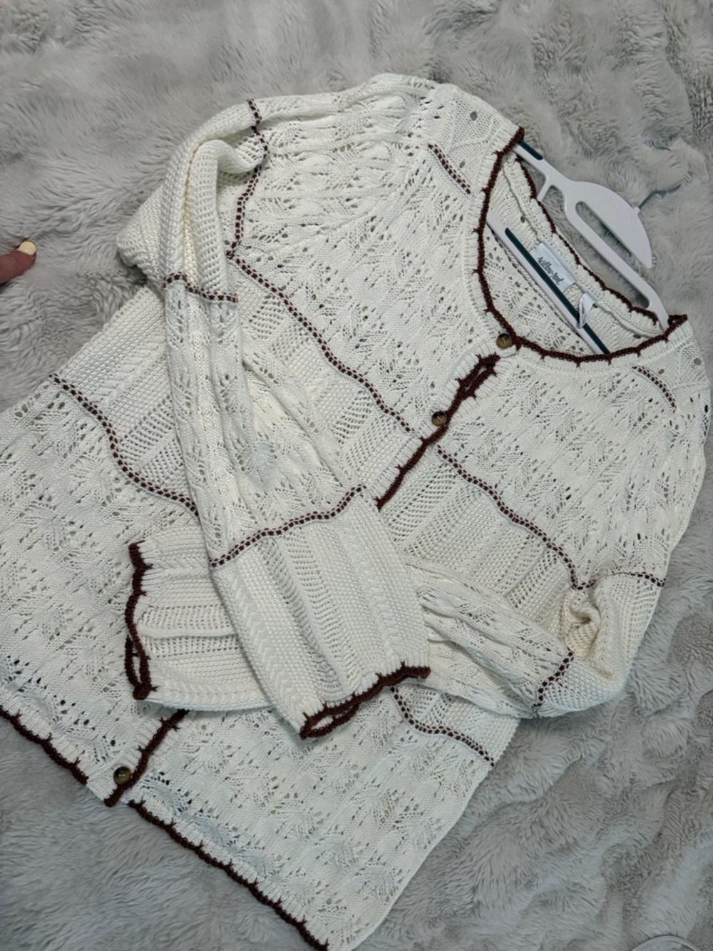 Cream Knit Cardigan with Brown Trim - Women's Cowl & Turtleneck - Picture 4 of 7
